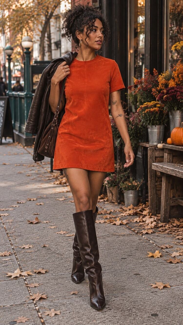 Zara Burnt Orange Faux Suede Mini Shift Dress 60s Mod Fall Medium